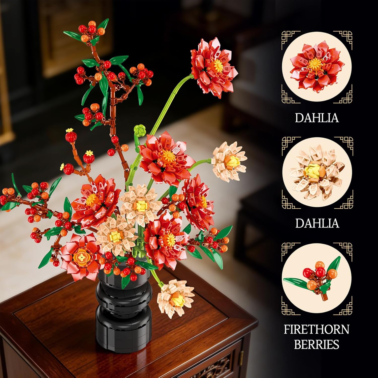 Dahlia Building Blocks Flower Arrangement, 1416 PCS Elegant Floral Display Set, Compatible with Lego Flowers, Decorative Artificial Flower Bouquet Gift for Holidays, Birthdays & Home Décor
