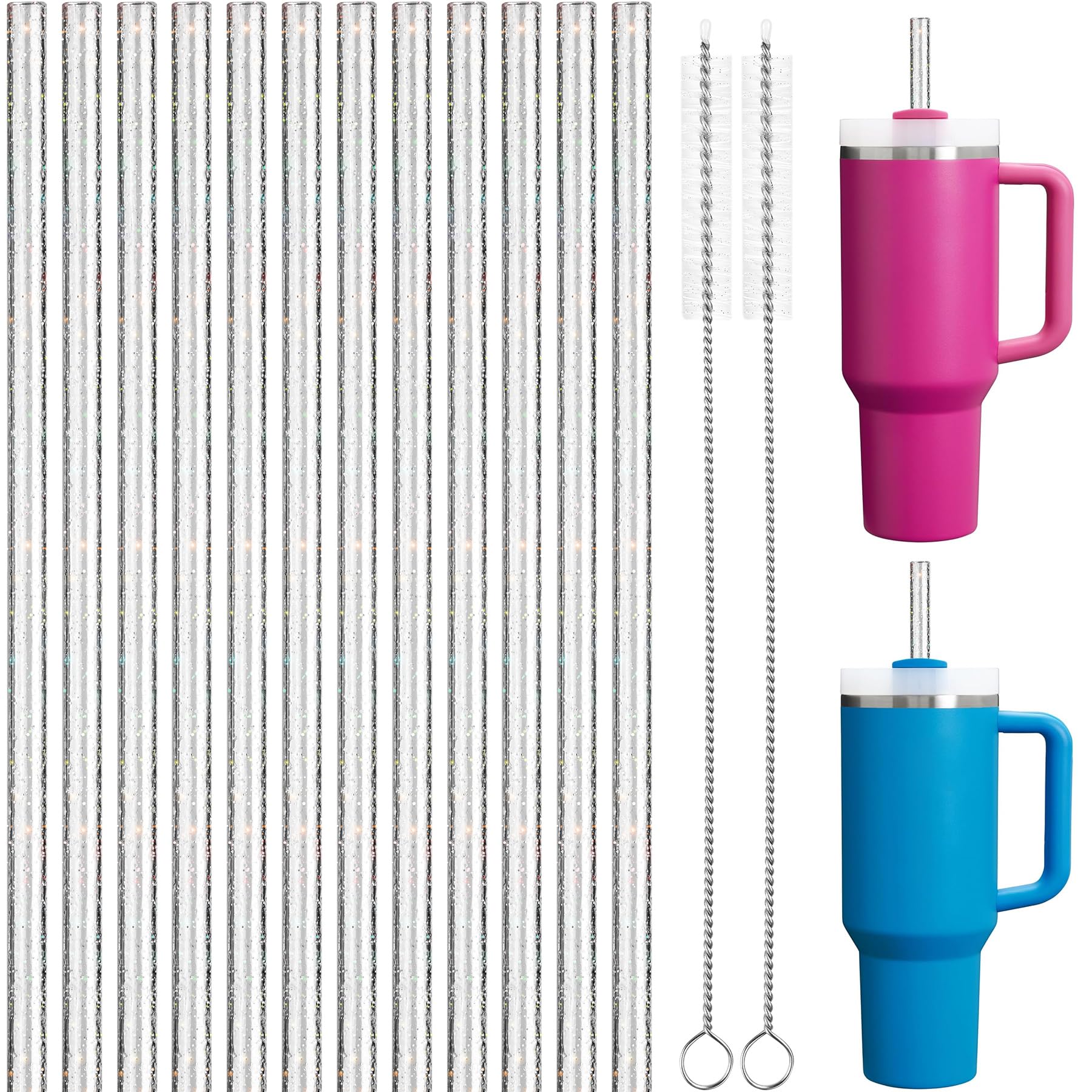 NiHome 12-Pack Glitter Straws for Stanley 40OZ Tumbler & 2 Brushes, 12" Length BPA-Free PETG for Various Beverages, Adds Sparkle to Drinks (Clear)