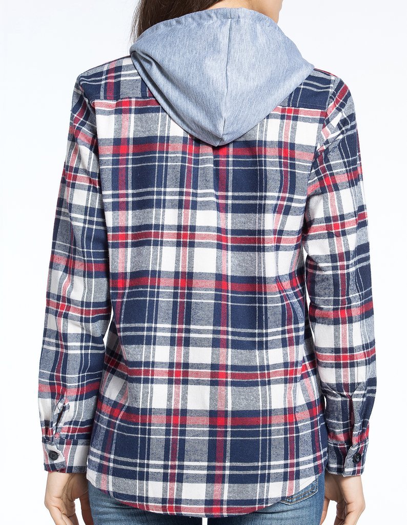 Klasyczne bawełniane bluzy z kapturem w kratę dla kobiet - flanelowa koszula z długim rękawem zapinana na guziki ze sznurkiem z kieszeniami stroje na co dzień, Jeden kolor, rozmiar uniwersalny