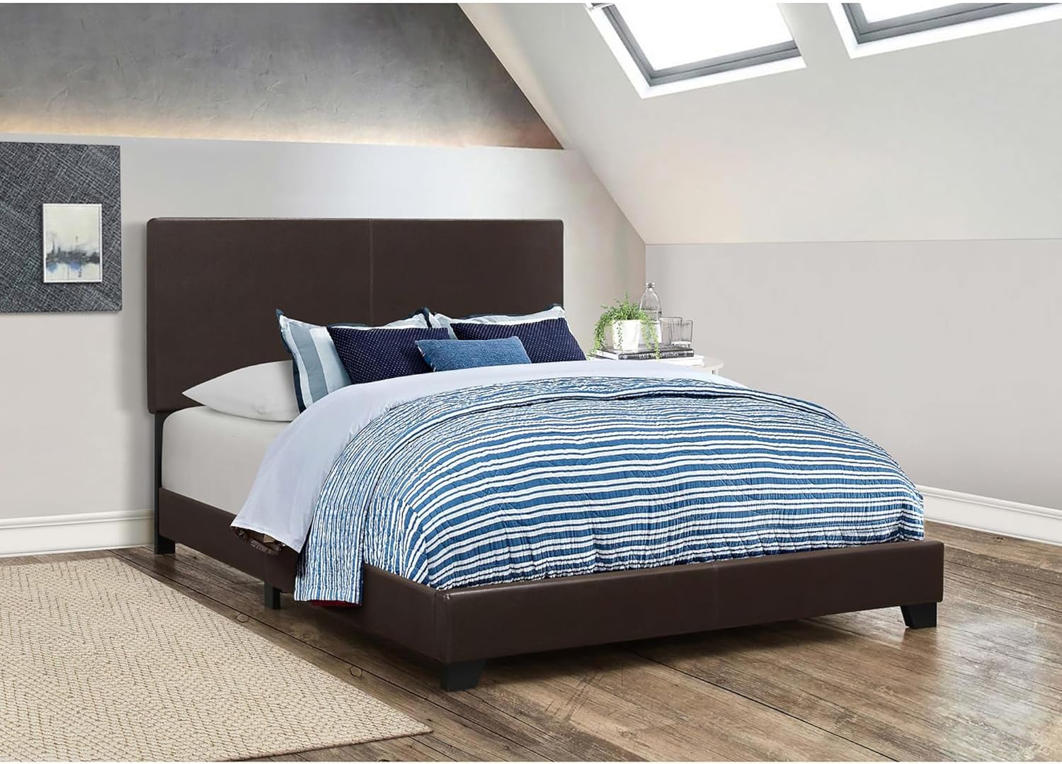 Brown Full Panel Bed with Faux Leather Upholstery, Transitional Design, Box Spring Required, Modern Bedroom Furniture, 64.25W x 86.25L x 45.75H in