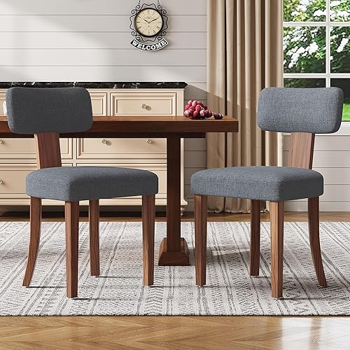 Miniatura 2 de Juego de 2 sillas de comedor modernas de mediados de siglo, sillas de cocina tapizadas de lino con respaldo curvado y patas ajustables para sala de