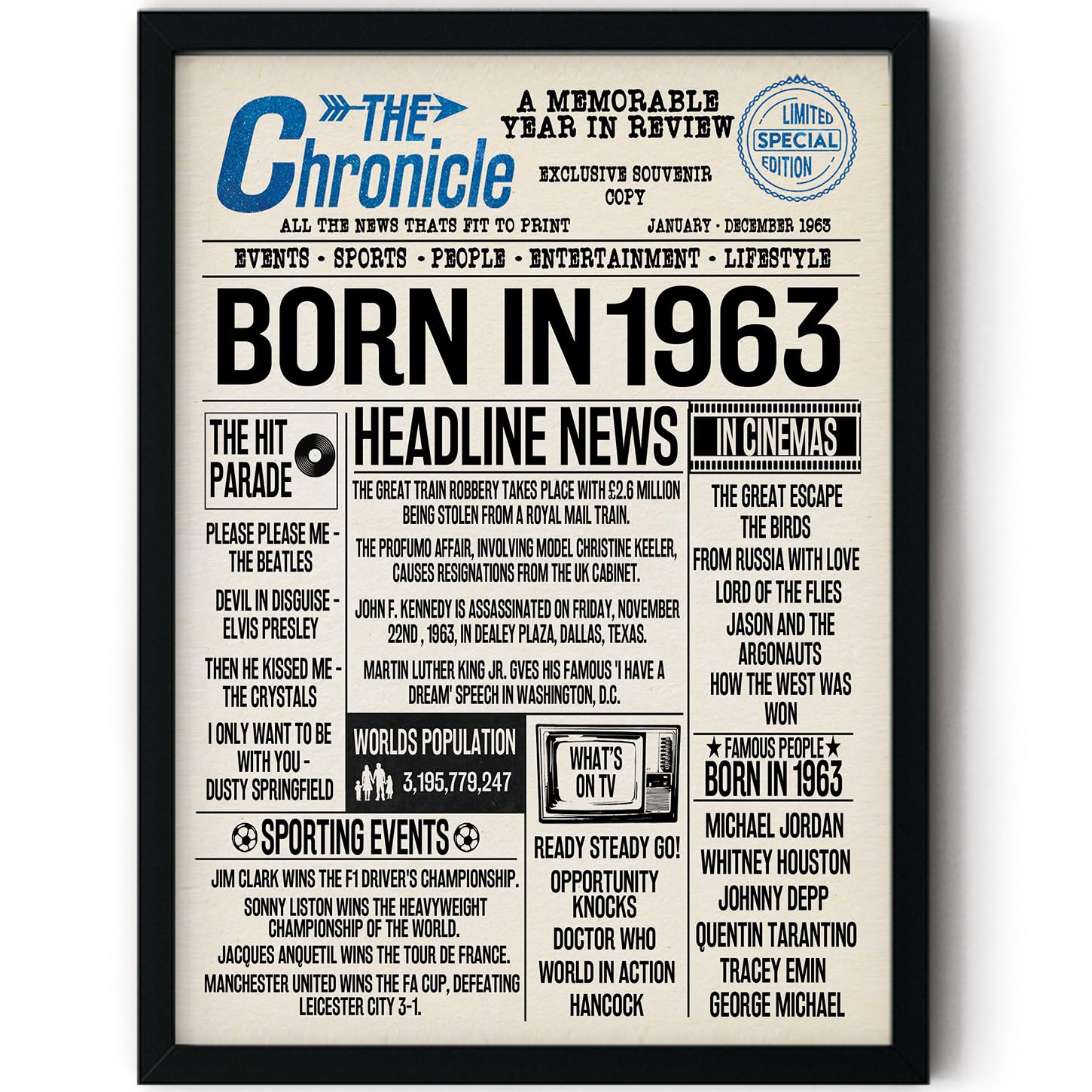 Stuff4 63rd Birthday Poster Framed - Born In 1963 Newspaper - Happy 63rd Birthday Gifts for Men Women Vintage Retro Back In 1963, 8x10 Inch Bday Party Decor Decoration