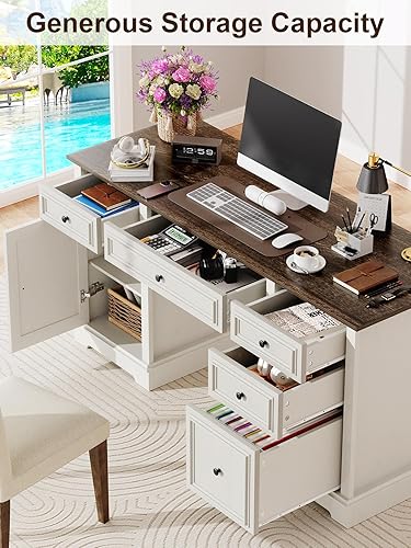 Miniatura 3 de Vipbear Escritorio ejecutivo de granja de 60 pulgadas con cajones y gabinete, escritorio de madera con textura en relieve, escritorio de oficina en