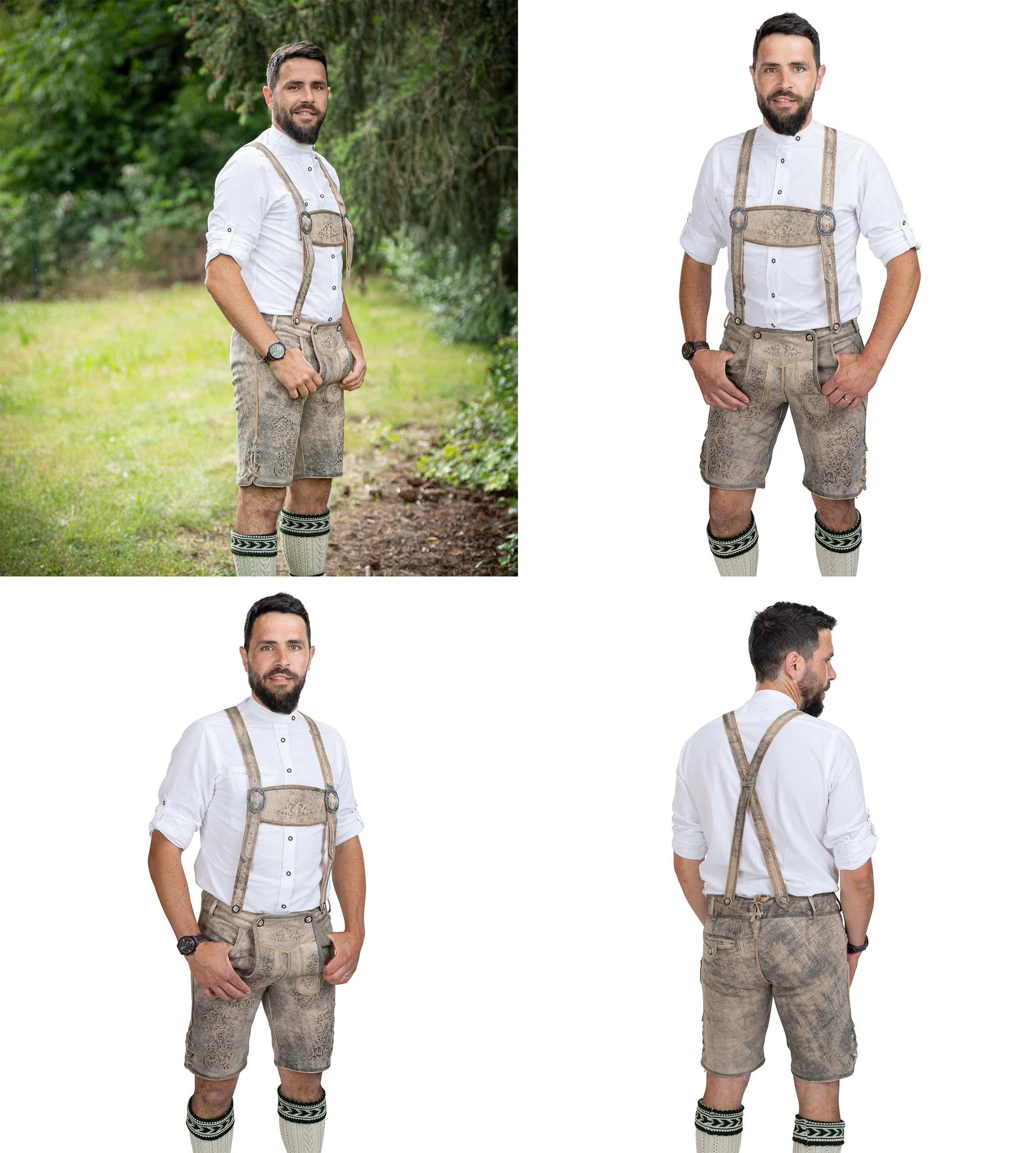 Schöneberger Trachten Couture Herren Lederhose kurz Antik, Nubuk Trachtenlederhose für Oktoberfest, Trachtenhose mit Hosenträger