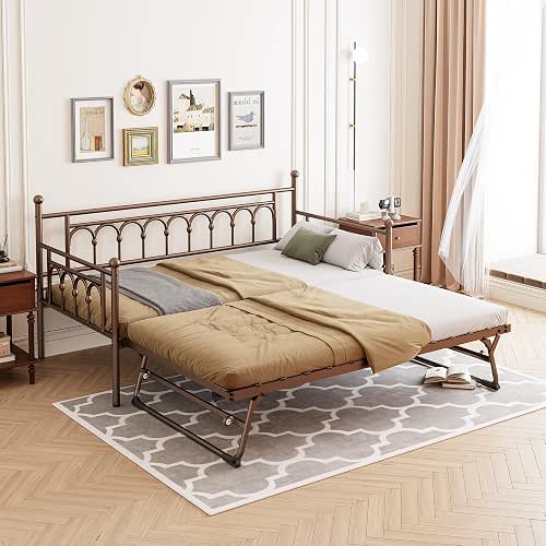 Upgraded Metal Day Bed with Trundle Bed Twin Daybed with
