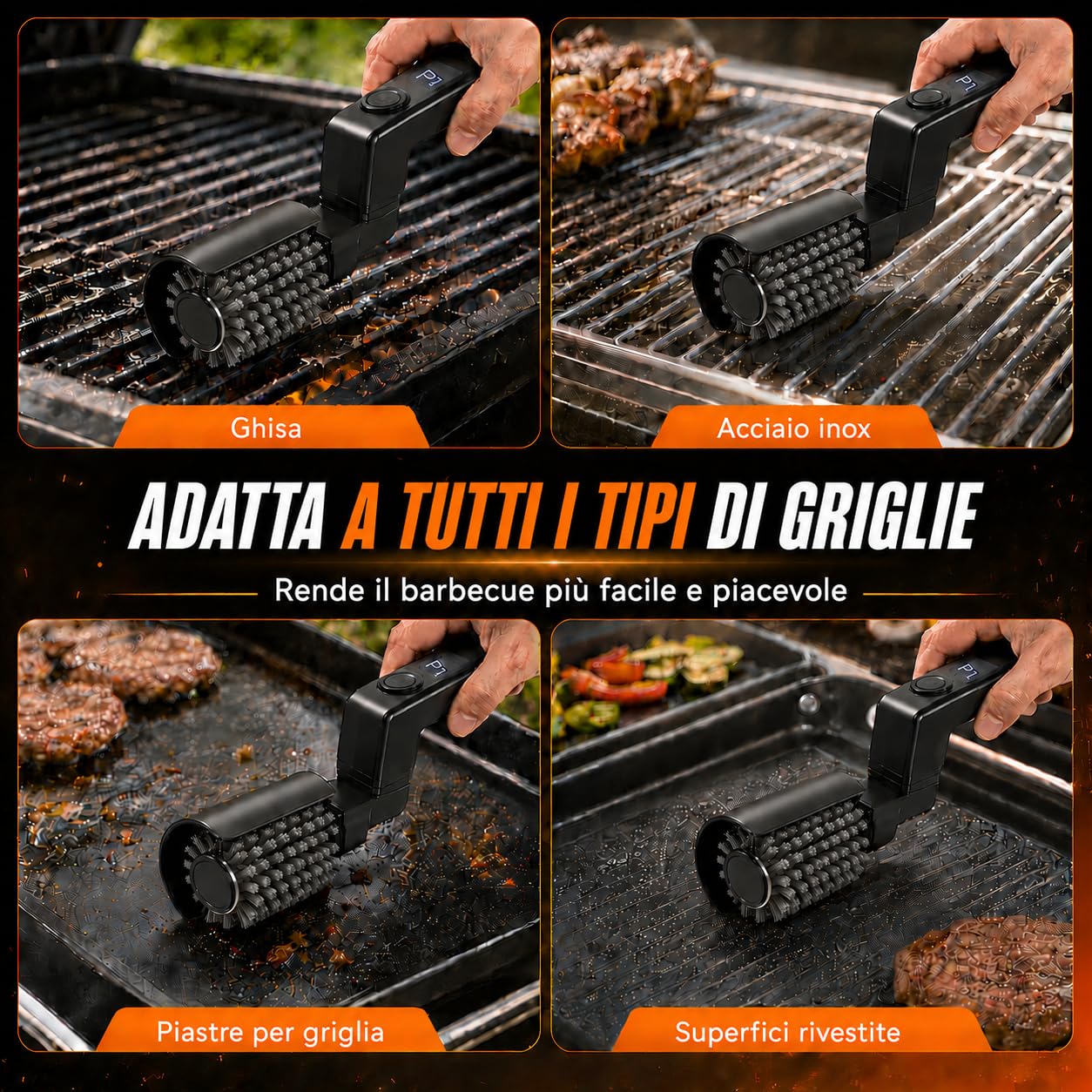 Spazzola Elettrica per Barbecue Senza Fili Angolo 270° Regolabile | 3 livelli pulizia, durata 90 min, impermeabile IPX7, testine acciaio inox e nylon, USB-C, grigliate e barbecue carbonella