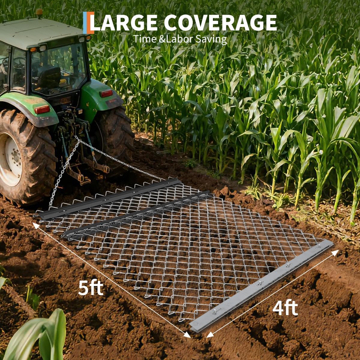 4 FT x 5 FT ATV Chain Drag Harrow, Heavy Duty Landscape Harrow Rake for Soil Preparation, Seeding & Gravel Driveway Leveling, Compatible with ATV, UTV & Tractor