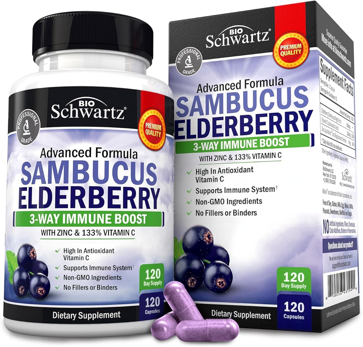 BioSchwartz Elderberry Capsules with Zinc and Vitamin C for Adults - Immune Support Vitamins for Women and Men - Black Sambucus Elderberry Vitamin C and Zinc - Multiminerals Supplement, 120 Count