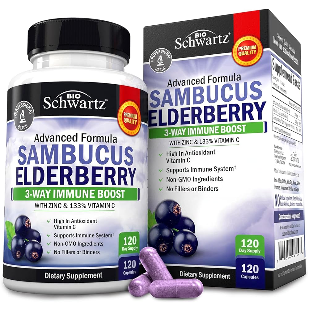 BioSchwartz Elderberry Capsules with Zinc and Vitamin C for Adults - Immune Support Vitamins for Women and Men - Black Sambucus Elderberry Vitamin C and Zinc - Multiminerals Supplement, 120 Count