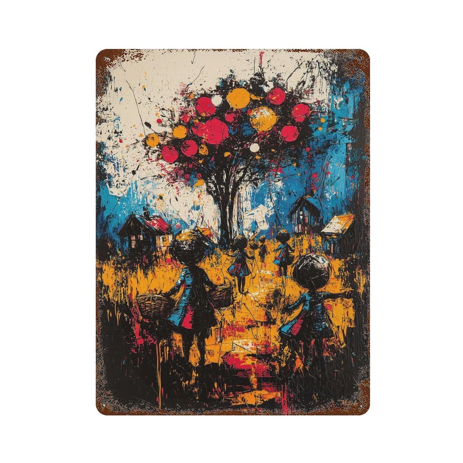 Rust Effect Harvest of Dreams – Expressionist Surreal Village Scene Rusty Metal Tin Sign 15.7"x11.8", Old School Wall Decor for Pub, Kitchen And Man Cave Decor