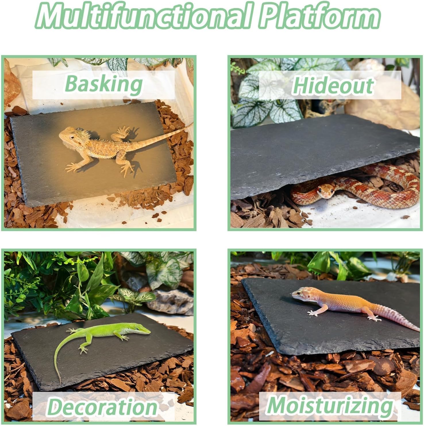 Bearded Dragon Basking Rock Platform,Reptile Basking Rock Slate with Bark Substrate Bedding,Tortoise Resting Climbing Feeding Bathing Platform Tank Accessories for Lizard Gecko Snake Frog (S)