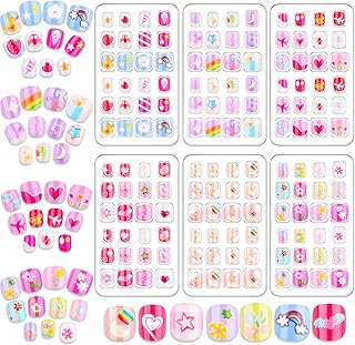 Audab 144 Pieces Mini Nails Set for Kids Press on Nails Kit for Girls Fake Nail Tips Short Full Cover Stick on Nails for Kids 8-12 Sleepovers Stuff Spa Parties Supplies Valentine Day Gifts