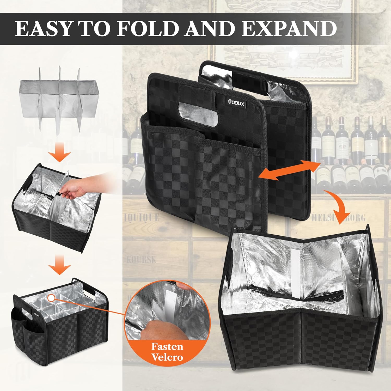 opux 12 Bottle Wine Tote Bag, Collapsible Wine Carrier Caddy Box with Dividers for Moving, Foldable Liquor Bottle Storage Glass Holder, Portable Reusable Wine Storage Box - Checker Black