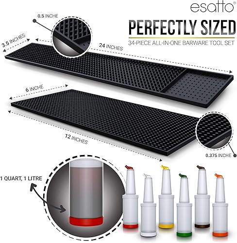 Miniatura 4 de Esatto Juego de regalo de equipo de barra 6 botellas Store N Pour para almacenar y mezclar ingredientes, 2 alfombrillas de bar y 2 alfombrillas