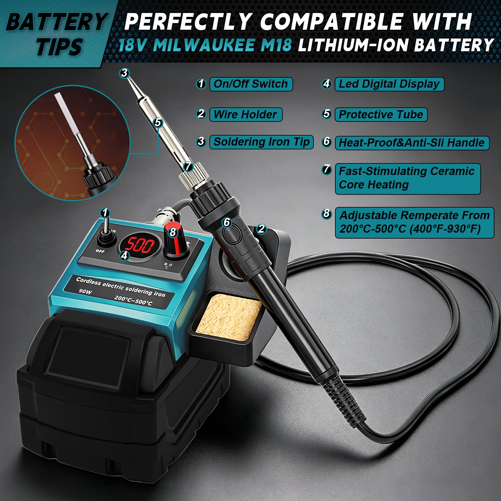 Stazione Saldante a Batteria per Makita 18V (senza Batteria) | 90W, Kit Saldatore, Temperatura 200–500°C, Display LCD, 5 Punte, Bobina Filo, per Fai-da-te