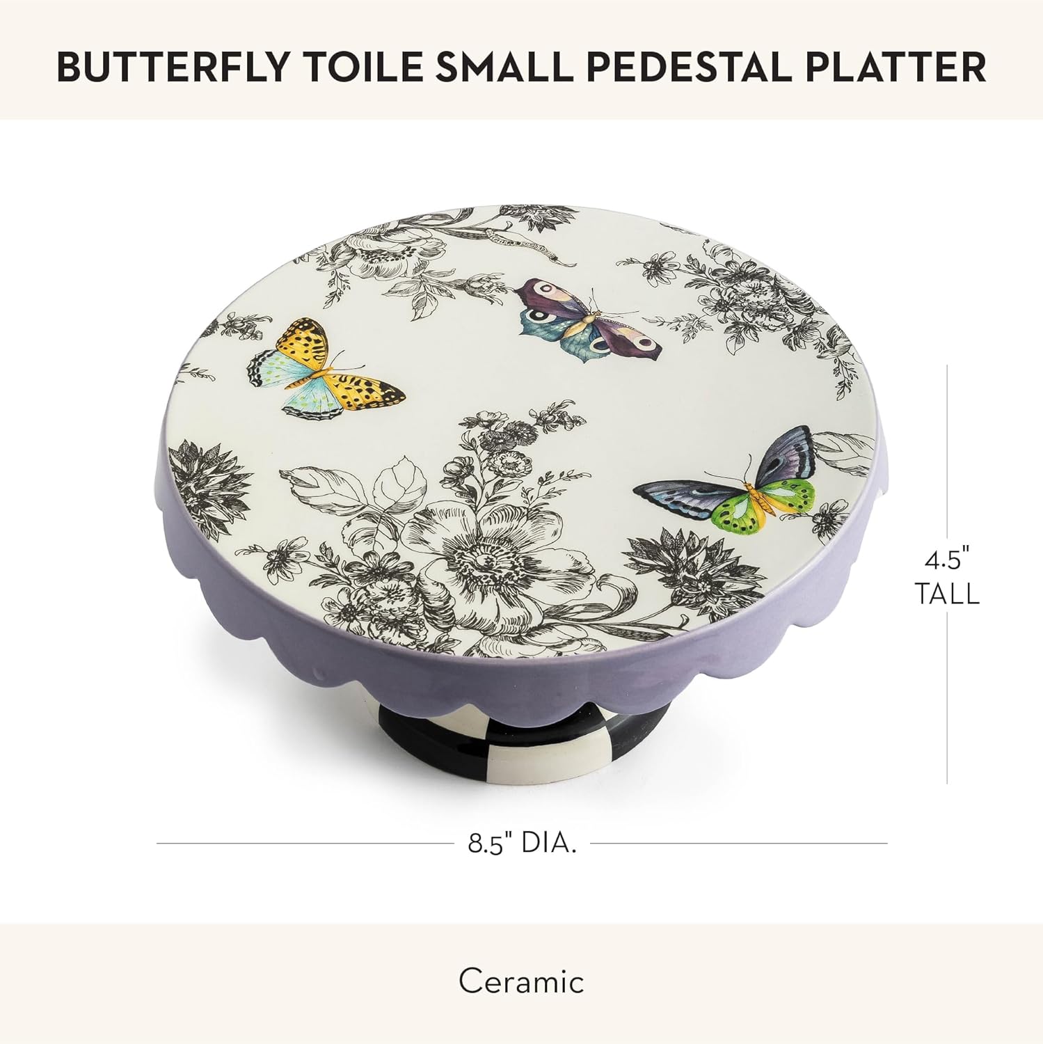 MACKENZIE-CHILDS Ceramic Pedestal Platter, Decorative Tray Stand, Small, Butterfly Toile
