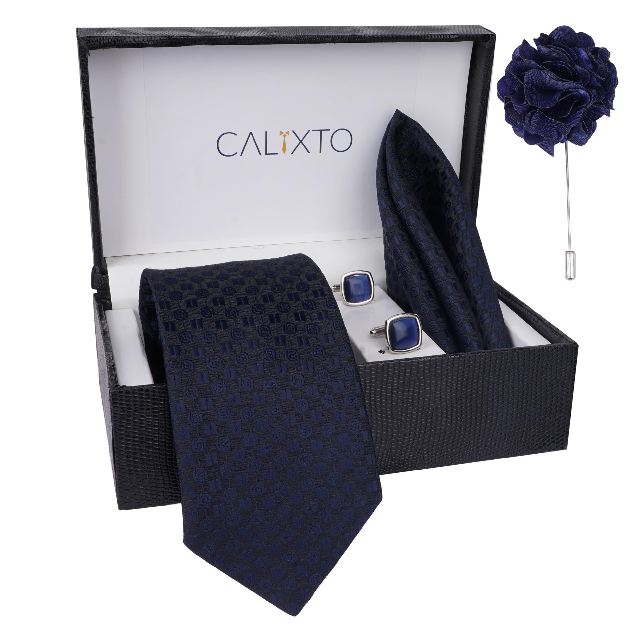 Calixto Self Small Dot design micro print fine Necktie Gift Set With Pocket Square, 2 pcs Cufflinks & Lapel Pin Formal Tie With (Leatherite Gift Box) (Pack of 4 pcs)- Dark Blue(Cir/Rec) - Image 2 thumbnail