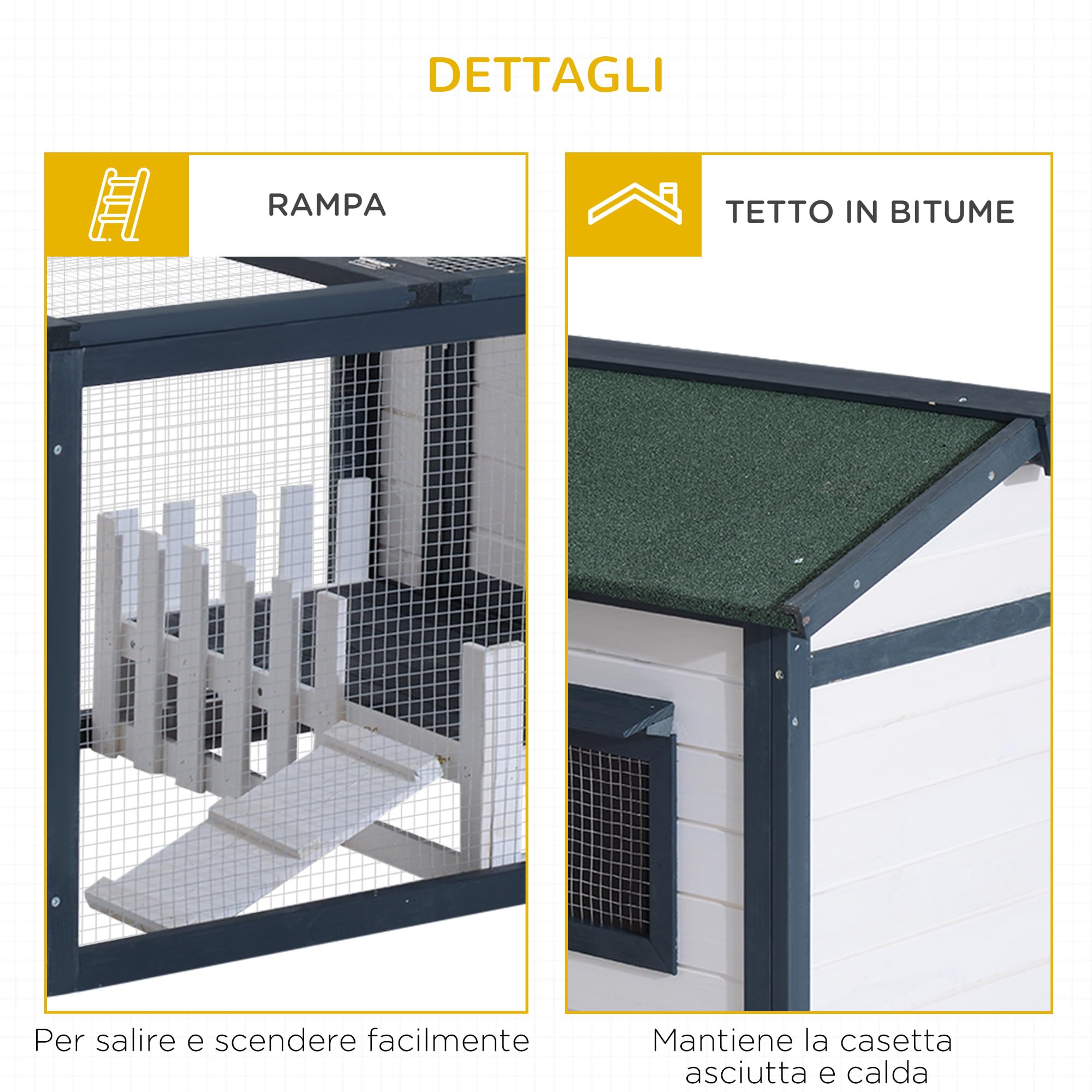 PawHut Conigliera da Esterno e Interno, Gabbia per Conigli con Tetto Impermeabile, Casetta e Area per Movimento, Conigliera in Legno di Abete, 151x78x84.5 cm, Verde e Bianco