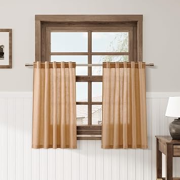 Camel Linen Cafe Kitchen Short Curtains 24 Inch Length 2 Panels Semi Sheer Linen Rustic Curtain Light Filtering Valances with Back Tab Rod Pocket for Boho Small Windows Cafe Bathroom 30Wx24L