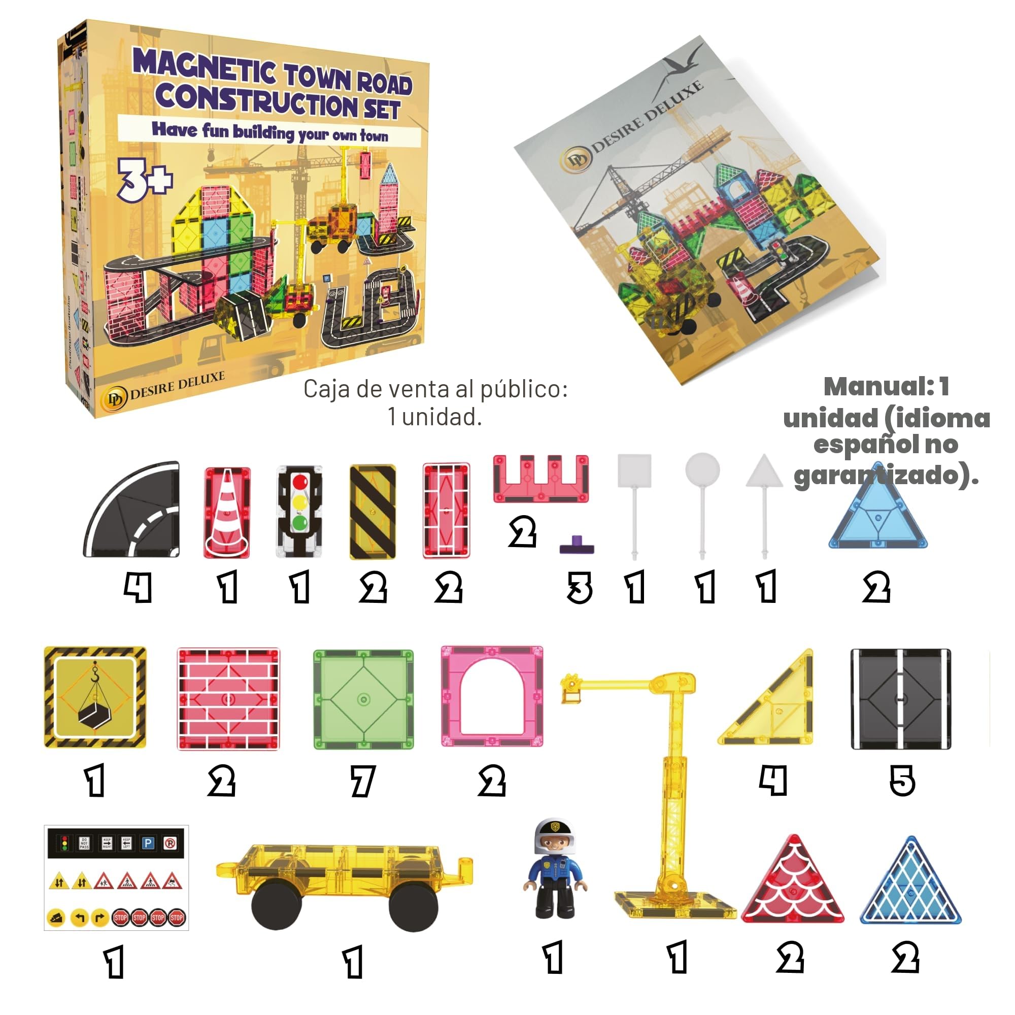Desire Deluxe Road Magnetic Tiles - Set de Coche Grúa Magnético para Niños, Juguetes Educativos Stem Montessori Pequeños, Juguetes de Construcción para Niños y Niñas – Regalo para Mayores de 3 Años
