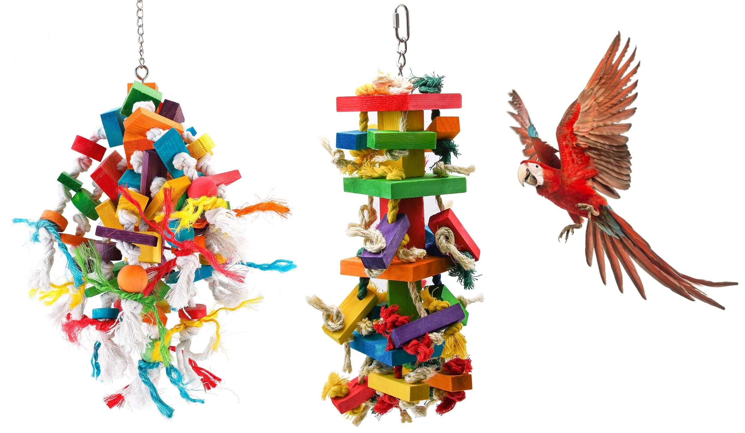 2Pcs Bird Toys Set - Parrot Toys with Multicolored Natural Wooden Blocks, Bird Chewing Toys for Conures Parakeets Cockatiels Lovebirds African Grey Macaws Amazon Parrots