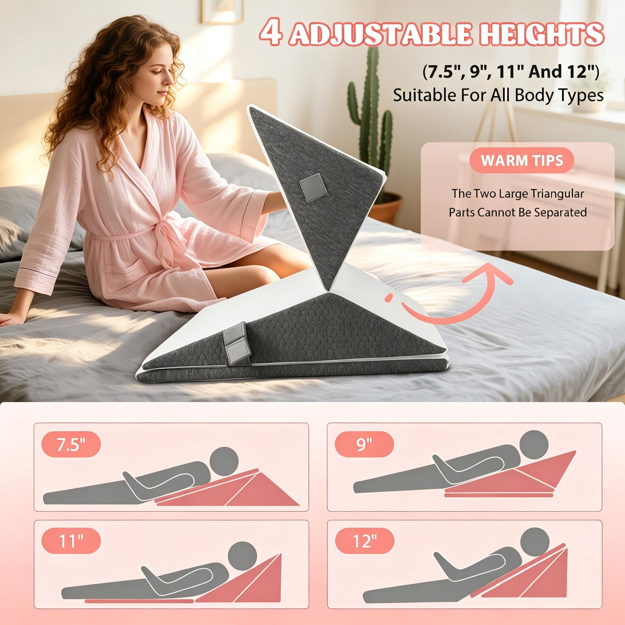 Cojín ajustable en cuña, 3 unidades, espuma de alta densidad para cama y sofá, cuña ergonómica para apnea del sueño por reflujo, almohada para piernas, cojín de espalda para leer, jugar o ver