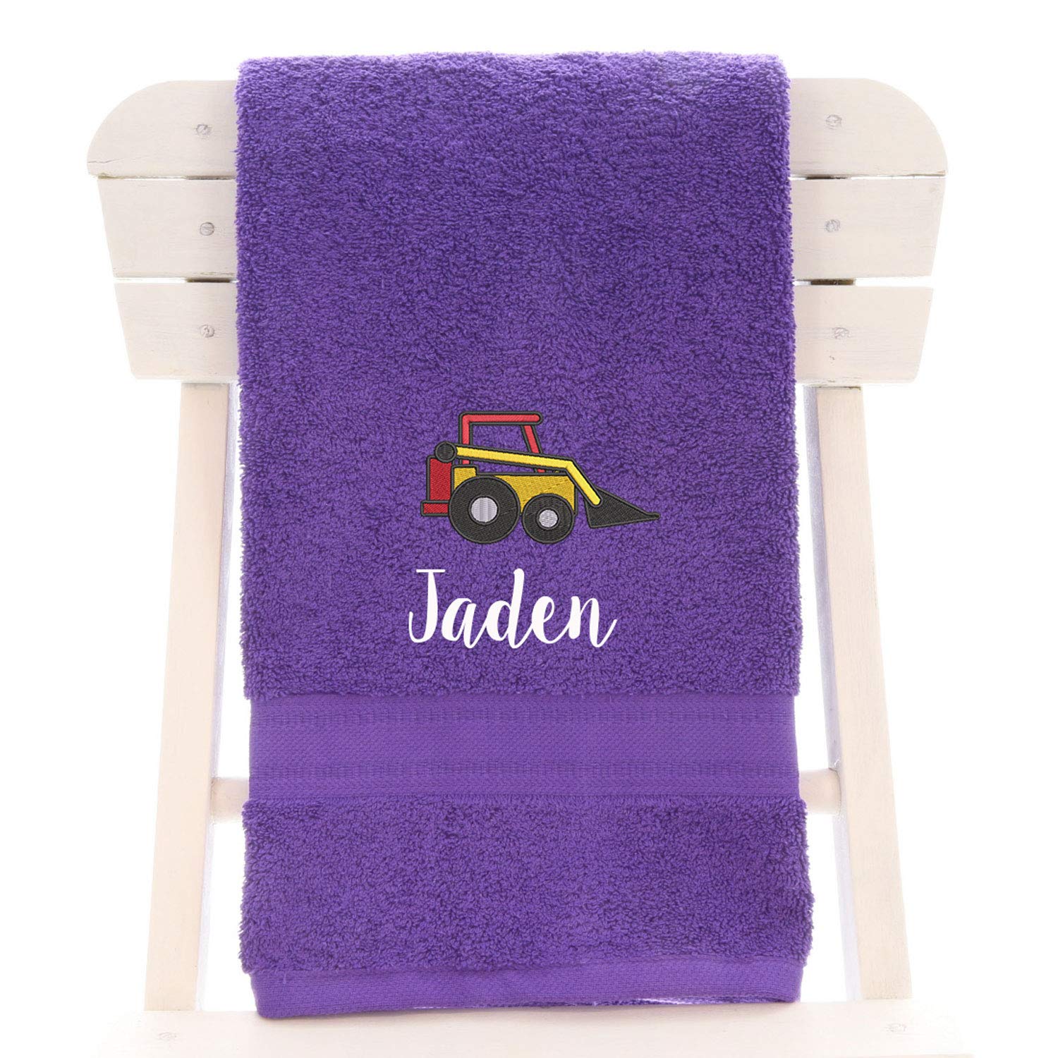 aztex Personalised Children's 100% Cotton Bath Towel with Digger Logo & Name, 550gsm, 70cm x 130cm - Purple