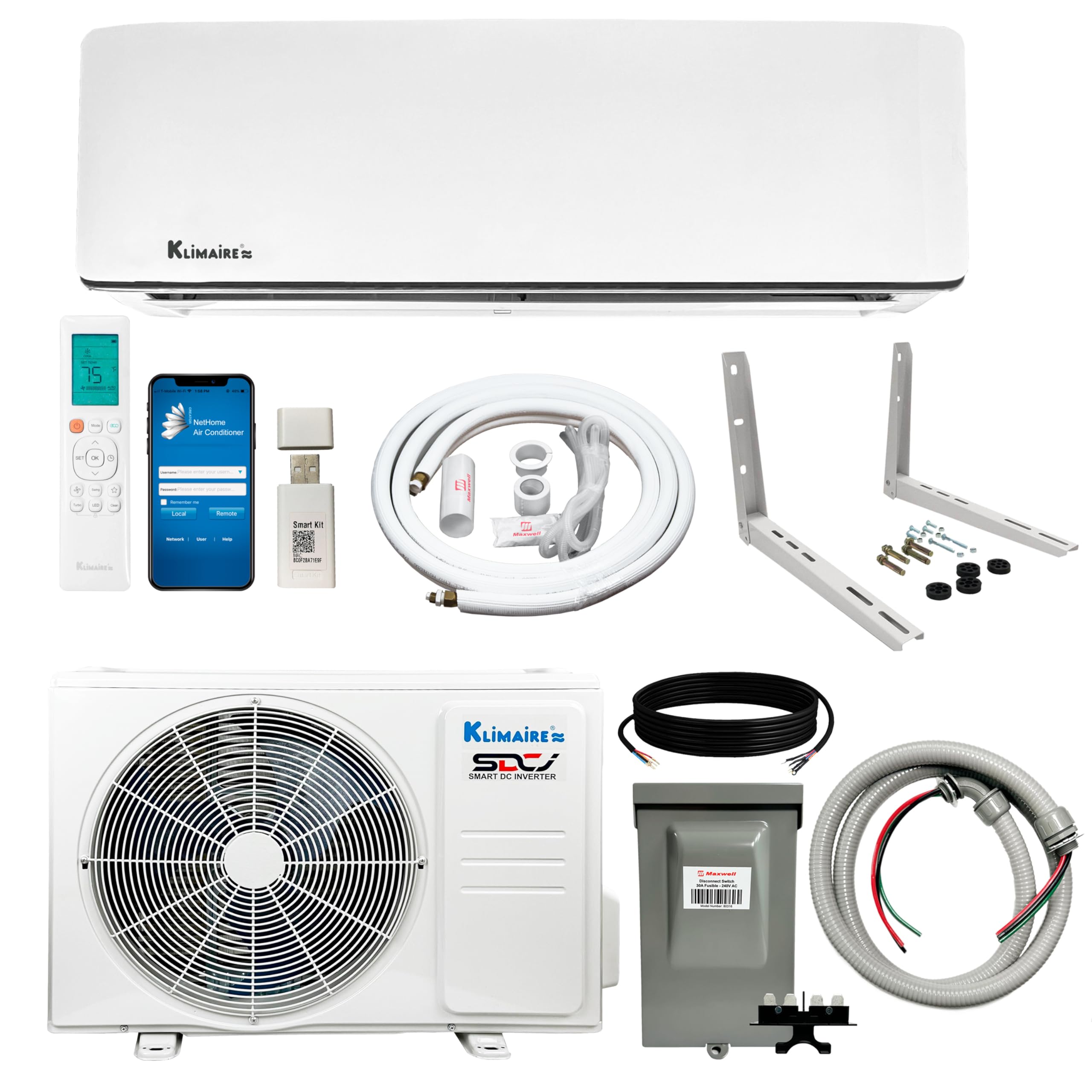 Klimaire 12,000 BTU 21.4 SEER2 Ductless Mini-Split Inverter Air Conditioner Heat Pump System with All-Inclusive 16' Installation Kit, Wall Bracket, Electrical Disconnect Box & Liquid-Tight Whip (230V)