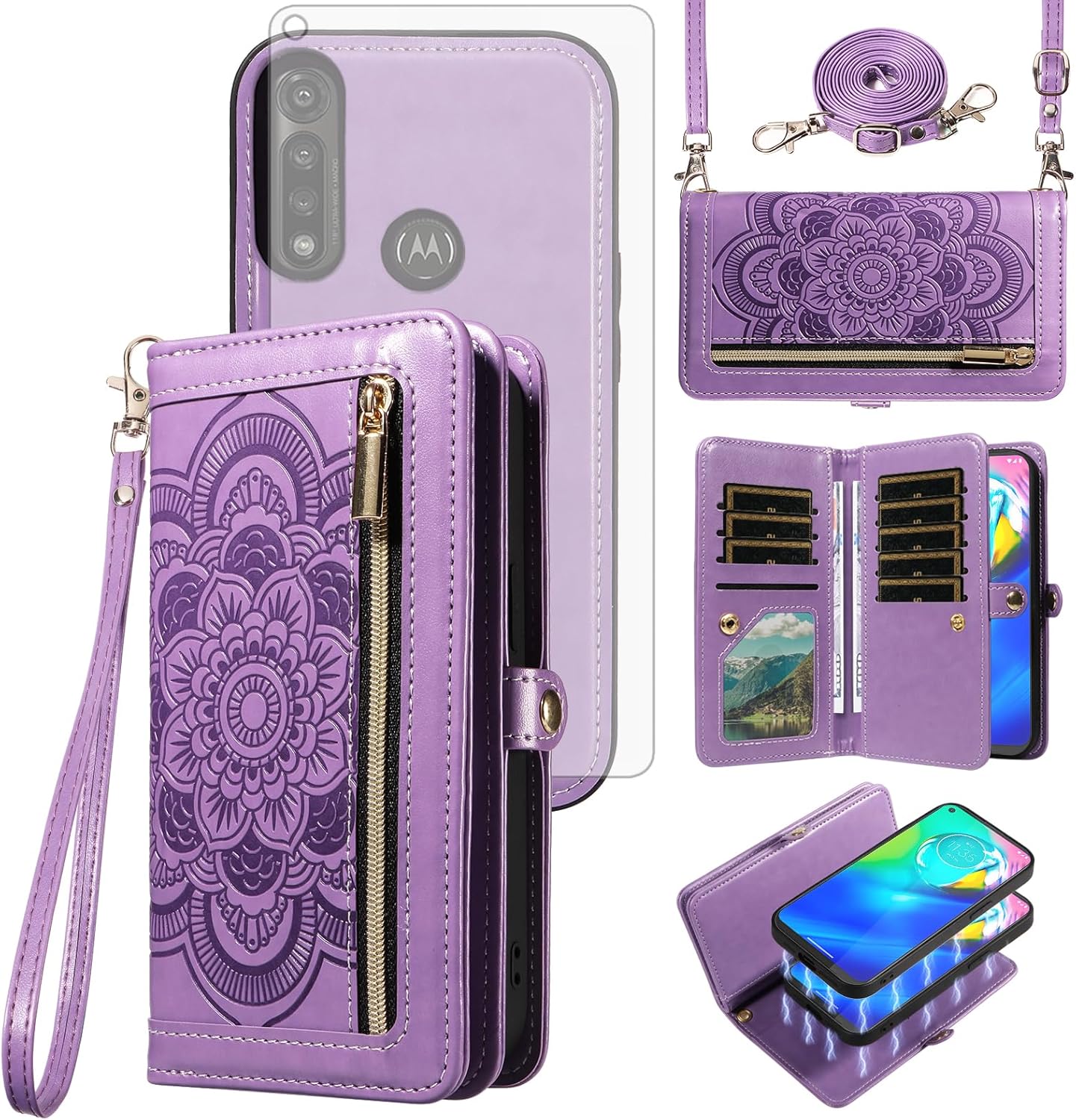Asuwish Phone Case for Moto G Power 2020 Zipper Wallet Magnetic Detachable Cell Cover with Tempered Glass Screen Protector Crossbody Strap Mandala Flower Card Holder Motorola GPower Women Girls Purple