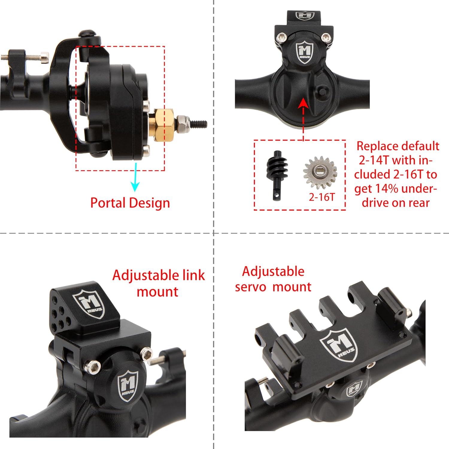 MEUS Racing +6.2mm SCX24 Portal Axles for Axial 1/24 SCX24 RC Crawler (Black)