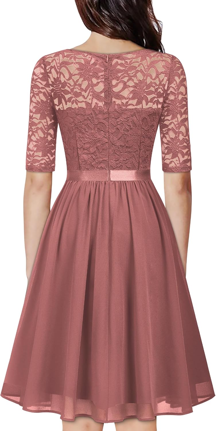 MISSMAY Women's V-Neck Floral Lace Elegant Style Half Sleeve Bridesmaid Party Dress - Image 2