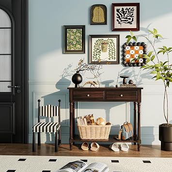 Solid Wood Console Entry Table with 2 Drawers, Hallway Table with Storage Shelf, Narrow Sofa Side Table for Blank Wall, Small Space 35.4L x 30H x 13.8W No-Tools Assembly Vintage Walnut SFZ004DC