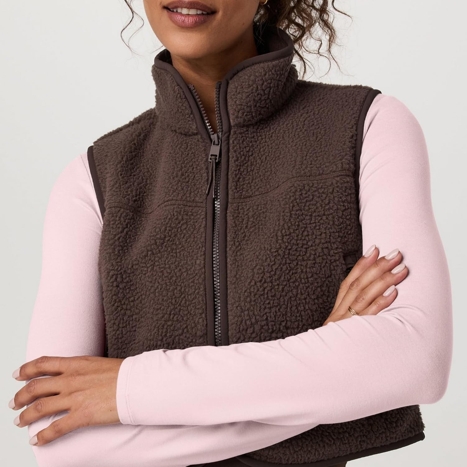 Cropped Fleece Vest Women Sleeveless Stand Collar Zip Up Sherpa Jacket Fall Winter Warm Coats Outerwear with Pockets - Image 5