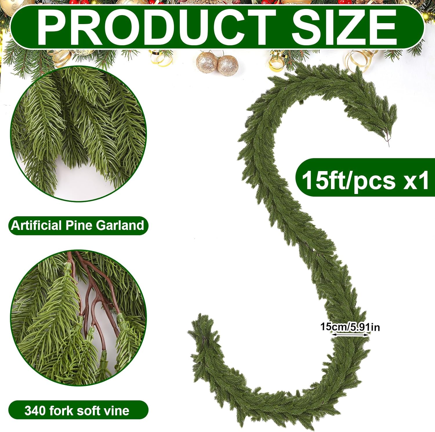 Lyrow 1 Pcs 15 ft Artificial Pine Greenery Garlands Deluxe Faux Thick Real Touch Winter Pine Garland Artificial Greenery Wreath for Table Fireplace Mantle Indoor Outdoor Christmas Decorations - Image 2