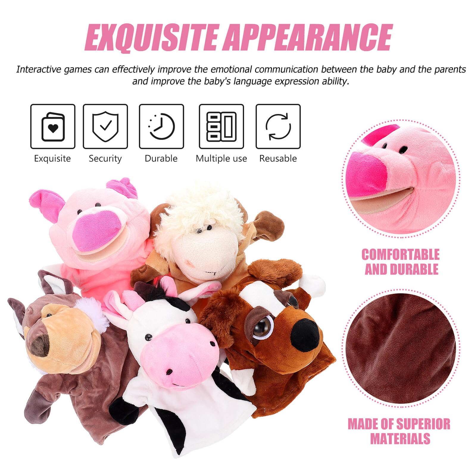 5 Títeres de Mano de Animales de Peluche Corto, Boca Articulada, Juego de 5 Piezas para Contar Historias y Juegos de rol Niño y Papá