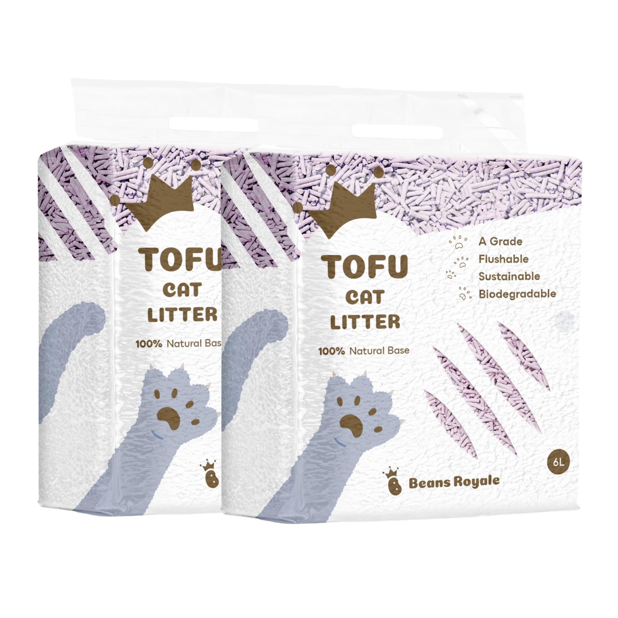 Paquete de 2 piezas (6 L x 2) arena para gatos de tofu, arena aglutinante para gatos, desechable, fibra de guisante, sin polvo, control de olores, bajo seguimiento, ligera (3 mm, lavanda)