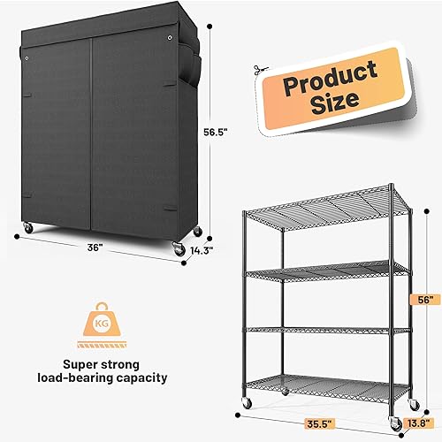 Miniatura 3 de REIBII Estantería de alambre de 4 niveles con cubierta y ruedas, estantería de metal resistente para estantes de almacenamiento de dormitorio,