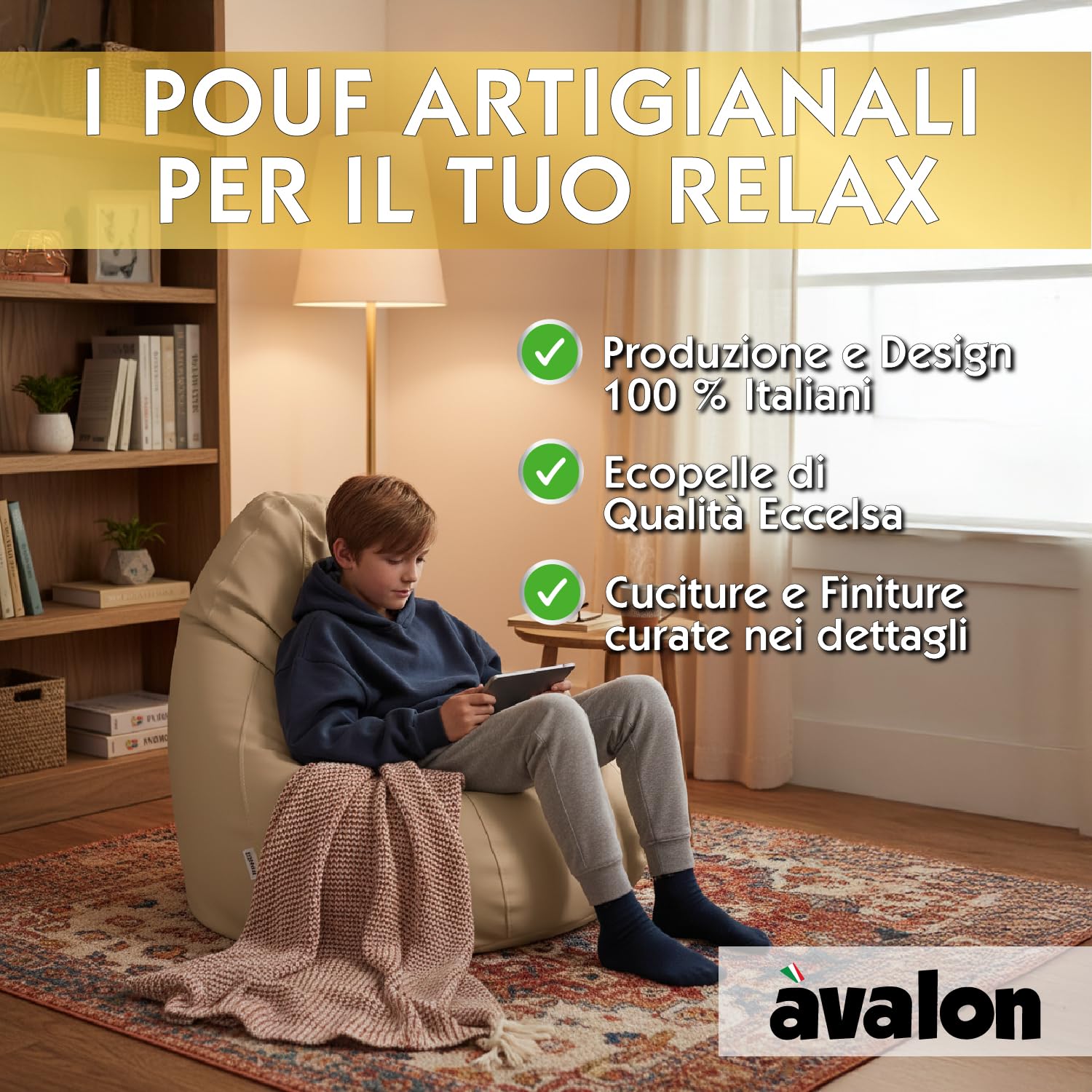 Avalon - Puff Poltrona Sacco Medium Jazz in Ecopelle Deluxe, Pouf Sacco di Qualità Sartoriale, Bean Bag per Sedersi Ergonomico, Pouf a Sacco Impermeabile, Made in Italy(68x107cm-Azzurro)