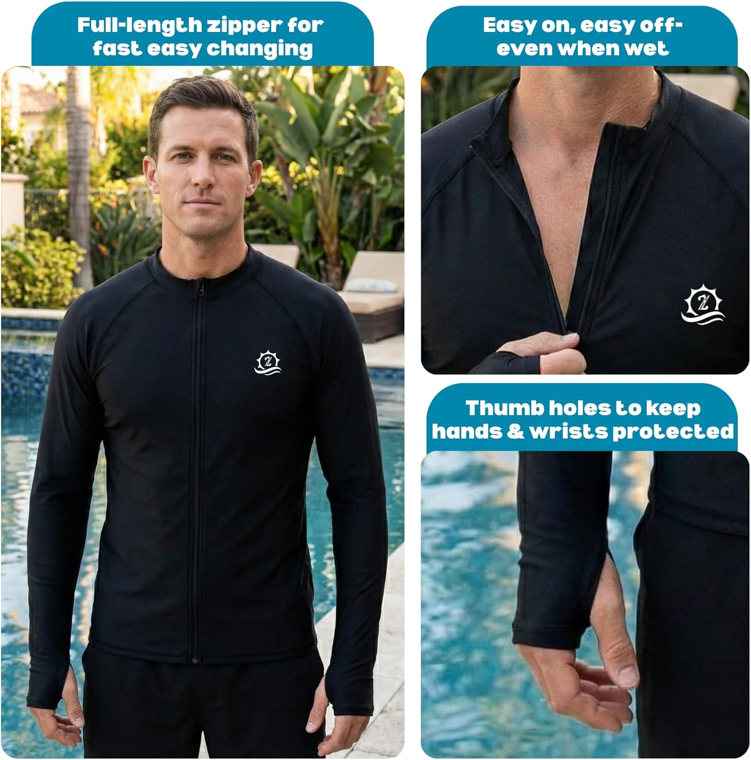 SwimZip Men's Long Sleeve Zipper Rash Guard Swim Shirt w/ UPF 50+ Sun Protection - Image 2