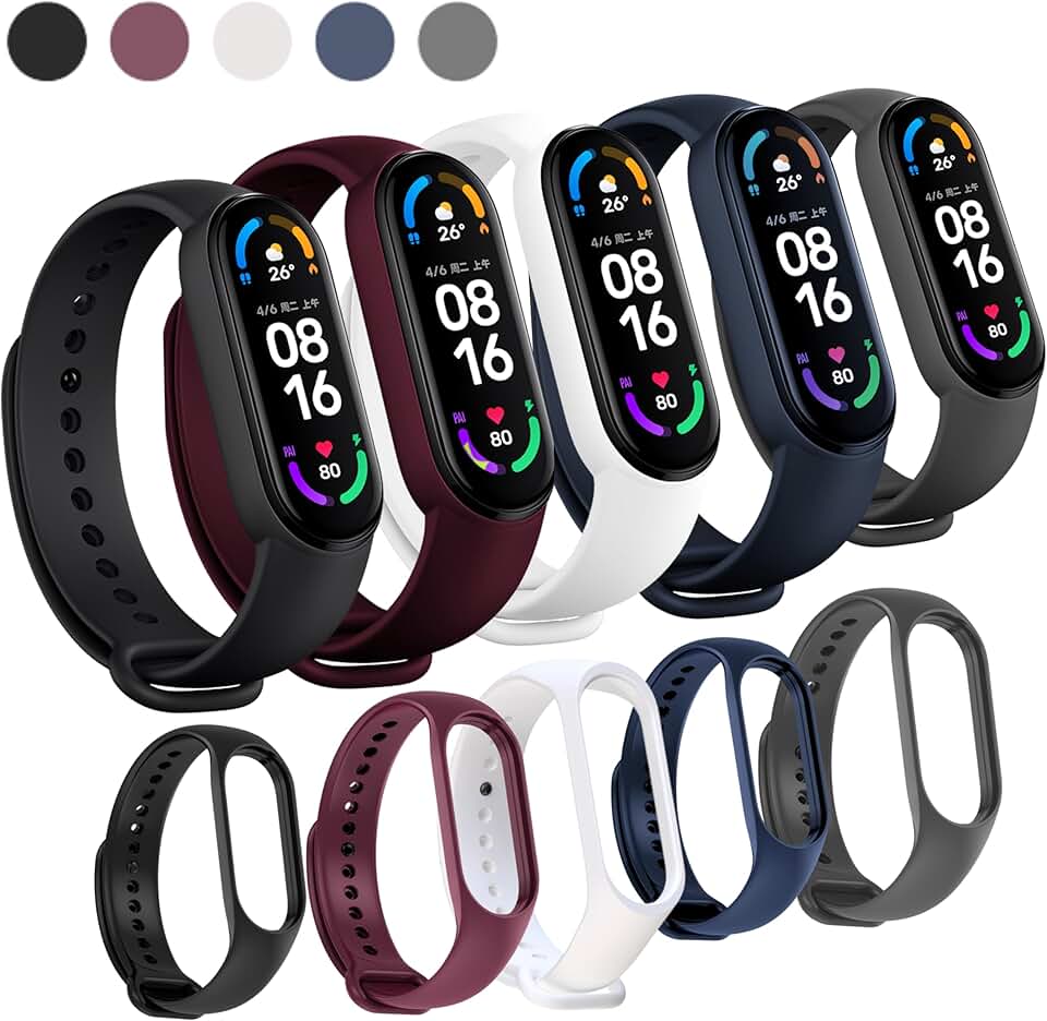 Kit 5 Pulseiras Para Smartband MI Band 7 Cores Preta Azul Cinza Vinho Marsala e Branco com Pino Resistente Feita em Silicone