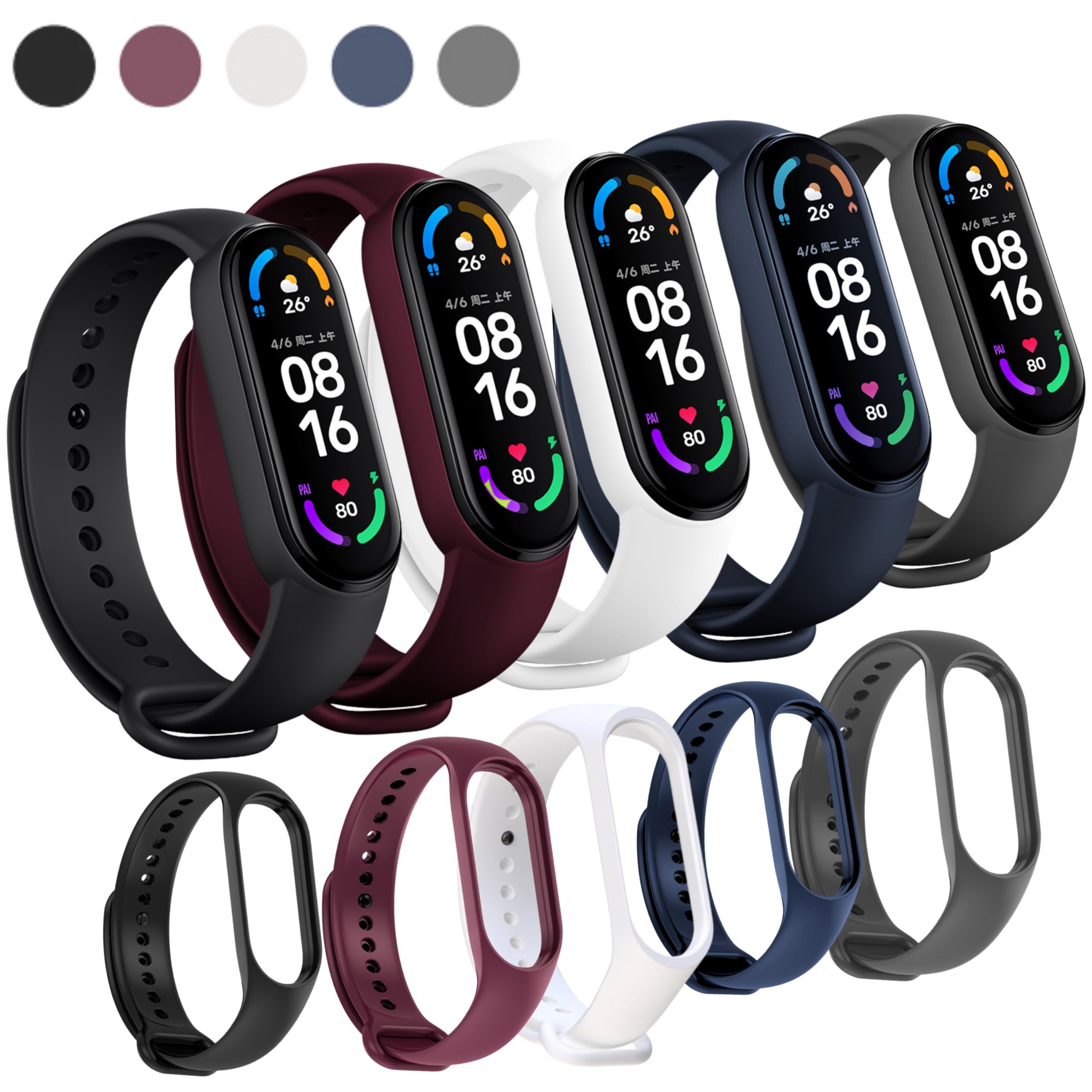 Kit 5 Pulseiras Para Smartband MI Band 7 Cores Preta Azul Cinza Vinho Marsala e Branco