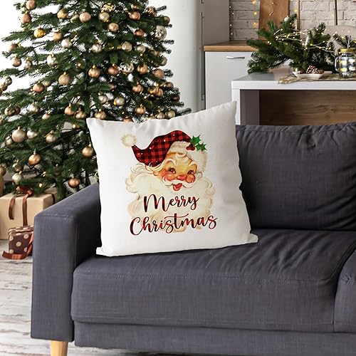 Miniatura 4 de DOTAIN Fundas de almohada de Navidad a cuadros, fundas de almohada de Navidad de 18 x 18 pulgadas, decoración de Papá Noel de Navidad a cuadros
