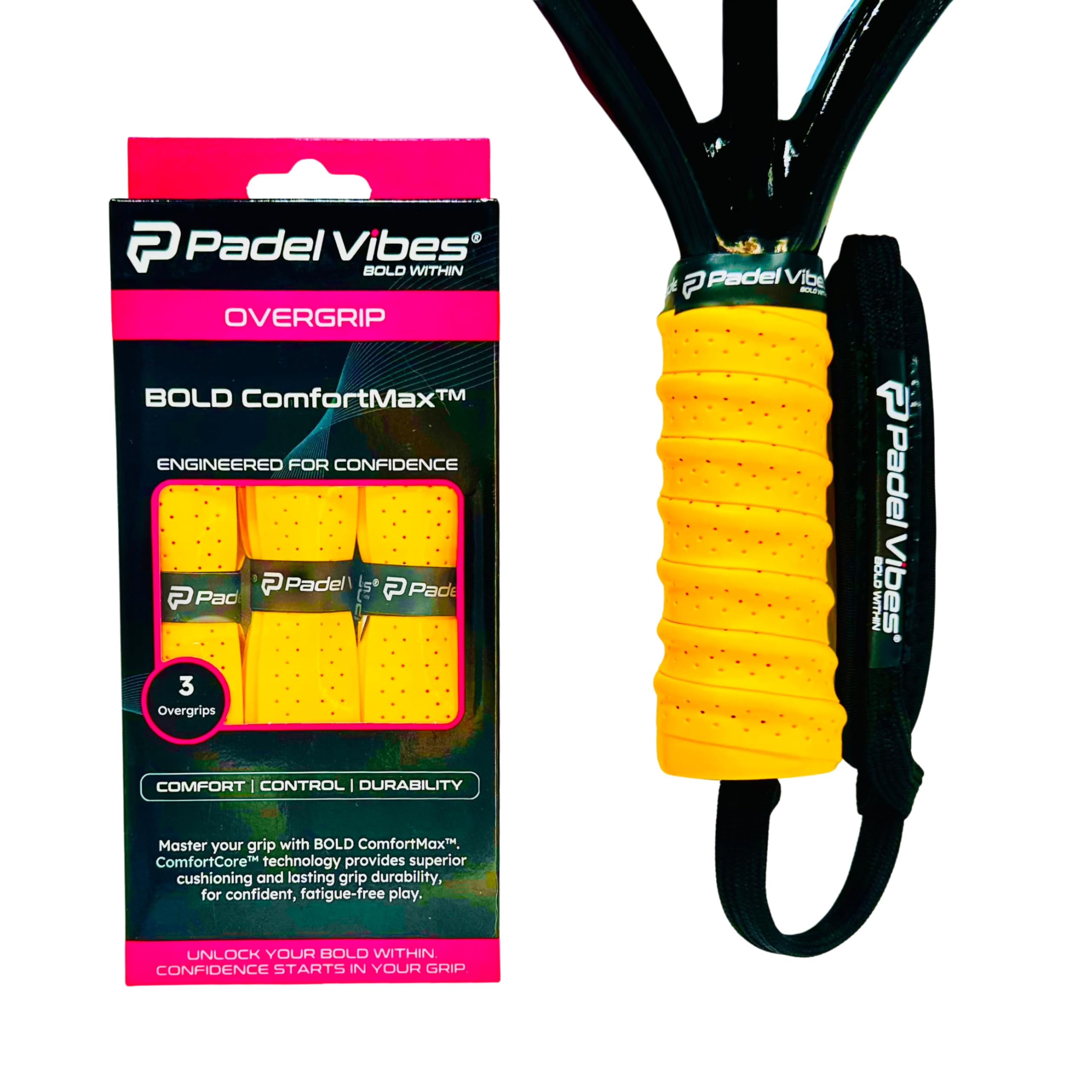 Padel Vibes® BOLD ComfortMax™ Overgrip | Perforated, Ergonomic Overgrips for Padel, Tennis, Badminton, Squash, Racketball | Sweat-Absorbing, Anti-Slip, Durable (Golden Yellow | 3-Pack)