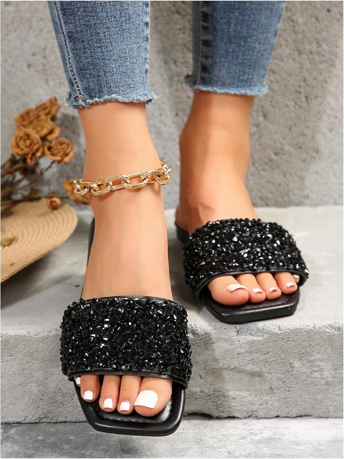 GORGLITTER Women's Sparkly Rhinestone Flat Sandals Summer Vacation Beach Square Toe Glitter Strappy Wedding Shoes Slide Sandals - Image 2