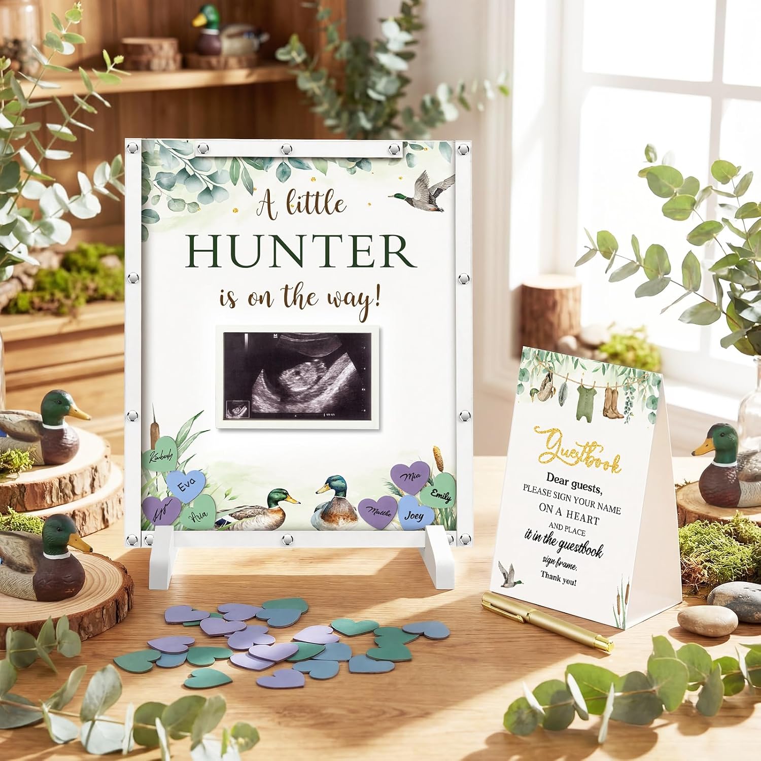 Beeveer 65 Pcs Mallard Duck Baby Shower Guest Book Alternatives He or She Gender Reveal Baby Shower Decorations Animal Sign in Guest Book with Picture Frame and 60 Wooden Chip