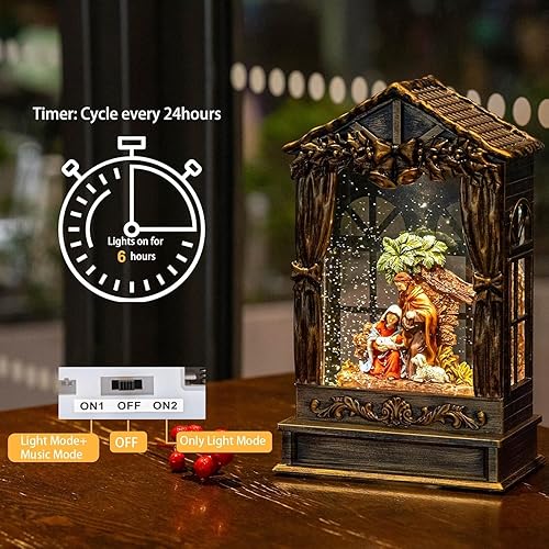 Miniatura 2 de Faroles de globo de nieve de Navidad de 10 pulgadas, escenas serenas de María, José, Bebé Jesús, USB y decoraciones navideñas alimentadas por