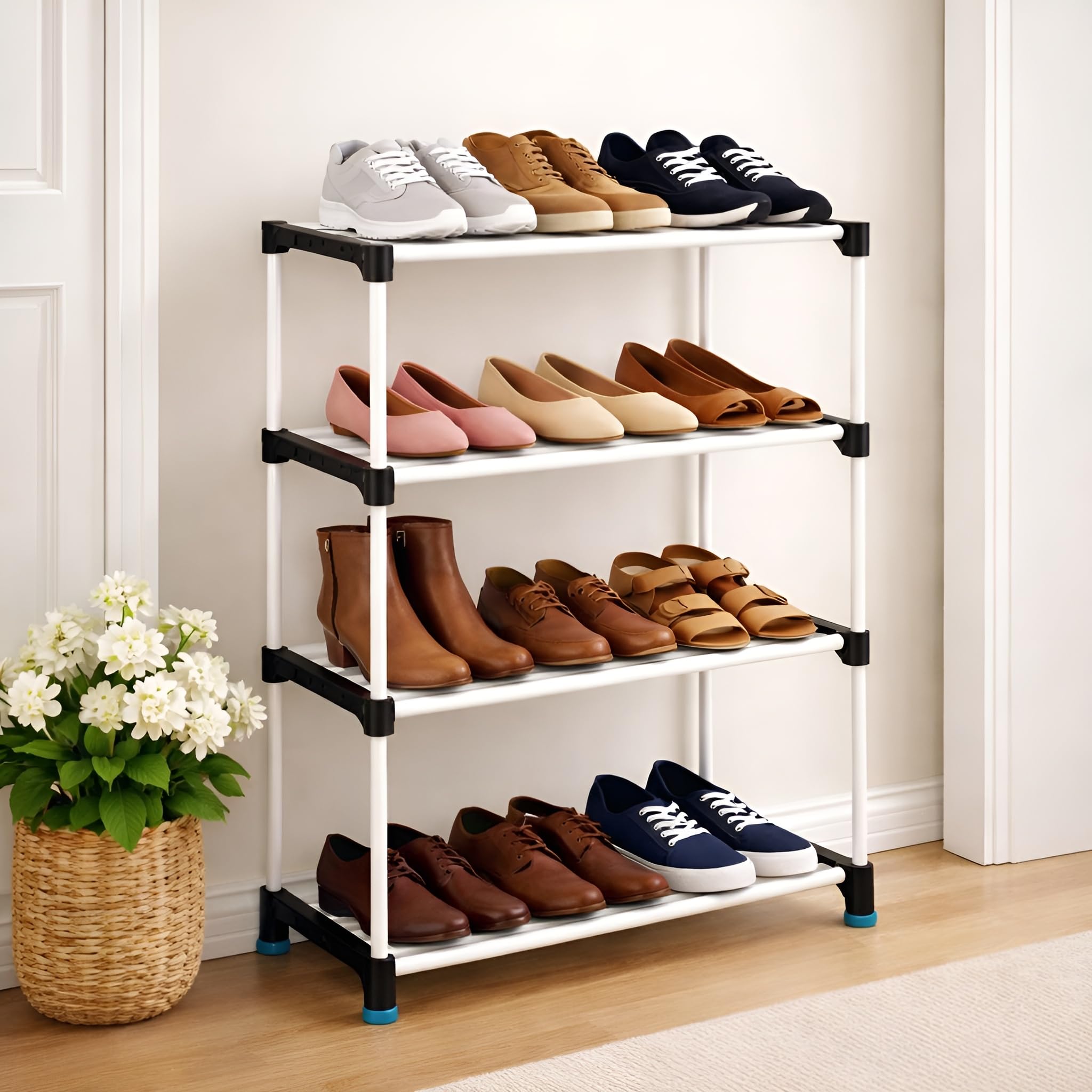 Plastic Shoe Rack for Home | 4 Layer Foldable Shoe Stand | Space Saving Multi-Purpose Footwear Organizer for Bedroom, Living Room & Entryway (White)-image-49