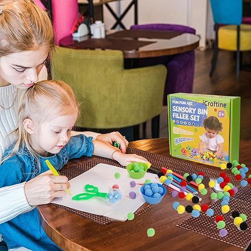 Miniatura 8 de 170 piezas de relleno sensorial de habilidades motoras finas que incluyen 12 cuencos de clasificación, 150 pompones, 6 pinzas, 2 tijeras para niños