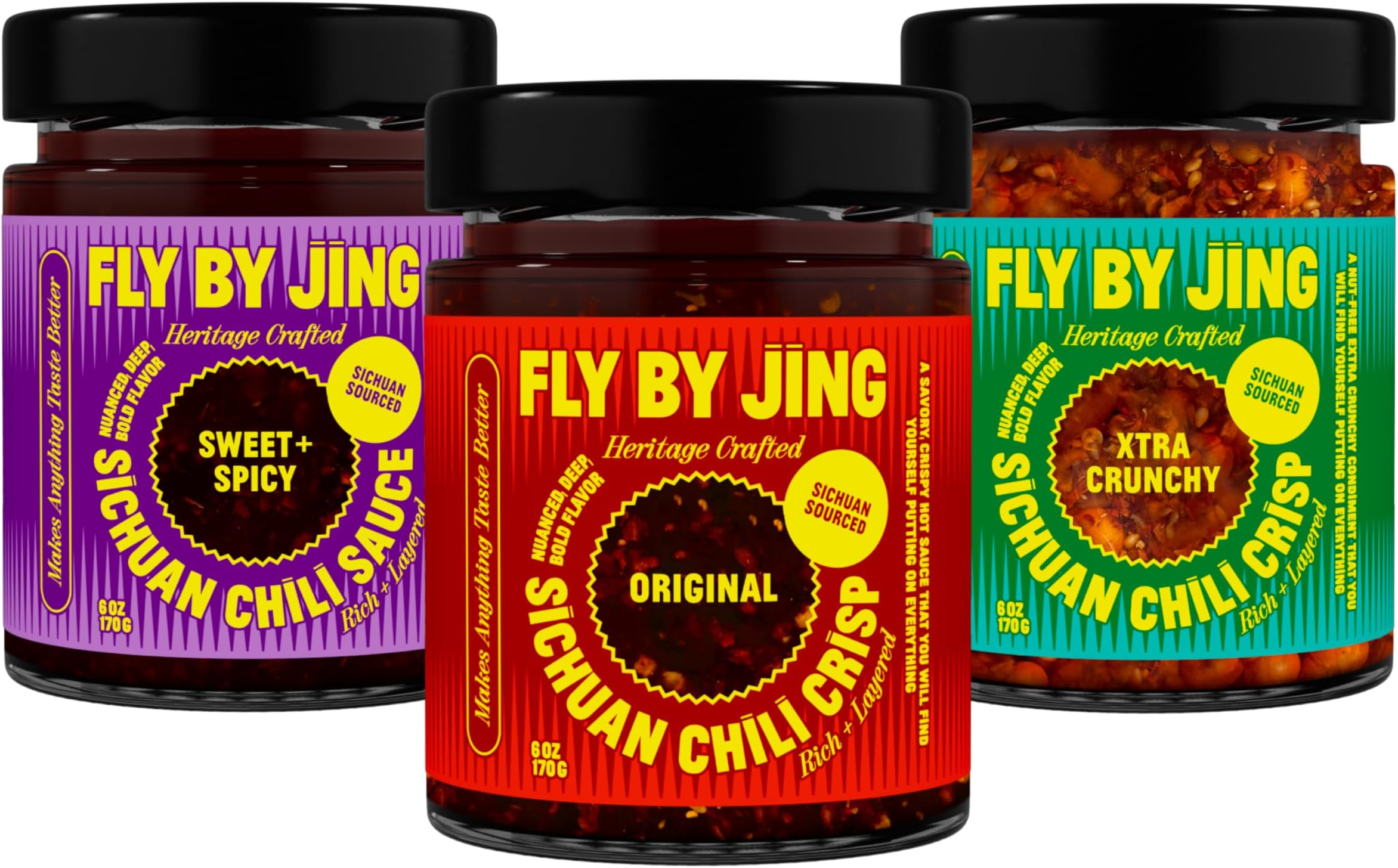 Sichuan Chili Crisp Bundle: Three Premium Chili Sauces Good on Noodles, Proteins, Veggies & Everything - Spicy, Savory, Crunchy Vegan Hot Sauces, Great Gift for Foodies 6oz (Pack of 3)