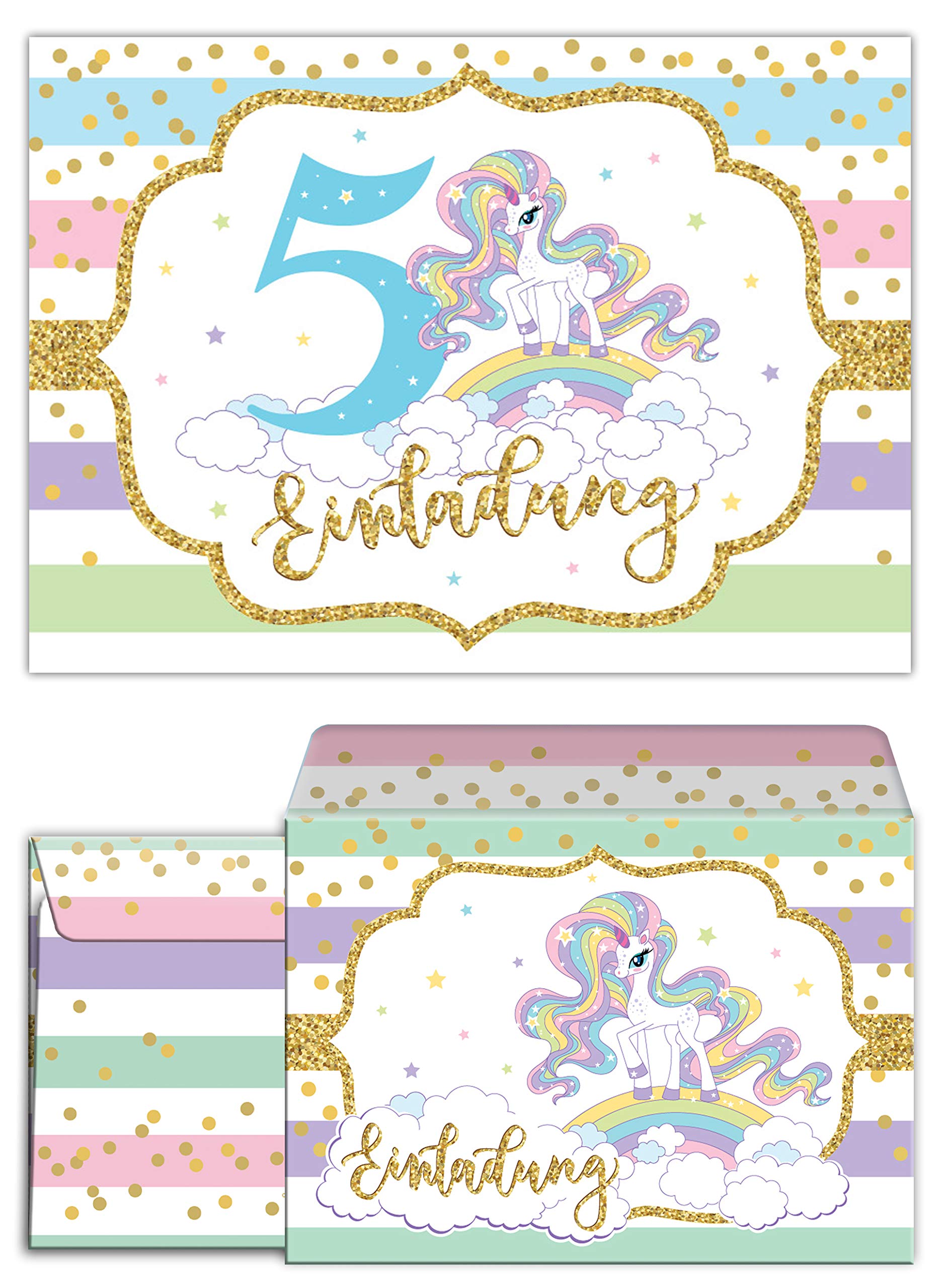 Junaversum 12 Einladungskarten incl. 12 Umschläge zum 5. Kindergeburtstag Mädchen Einhorn Regenbogen Einladungen fünfte Geburtstag